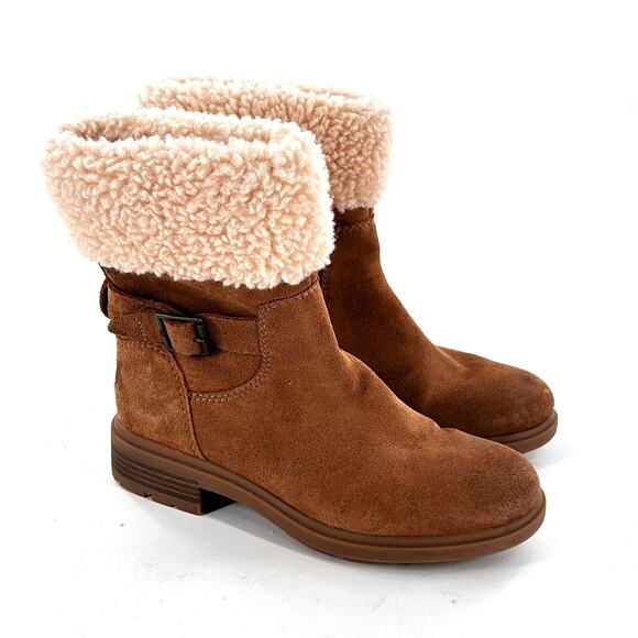 Ugg Harrison Suede Cuff Boots 6 Chestnut Tan NWOT Shearling Waterproof Moto - Picture 2 of 8